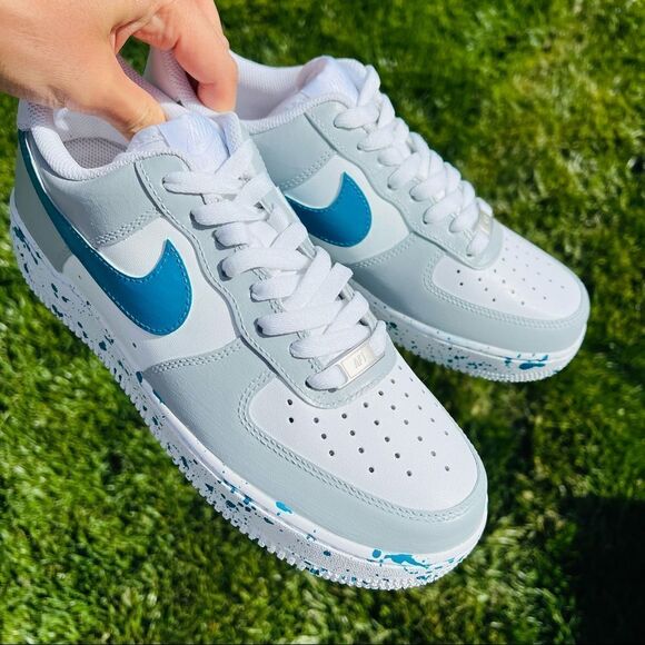 NIKE AIR Force 1 Men's Gray/Turquoise Colorblock Splatter Custom Sneakers NEW